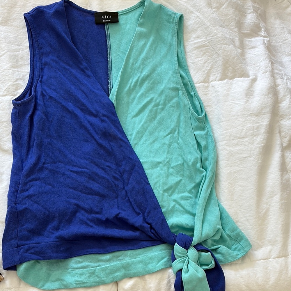 Vici Blue and Green Asymmetrical Tie Front Tank Top